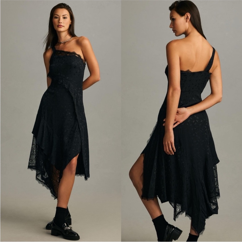 NWT Anthropologie one shoulder midi lace dress asymmetrical hem